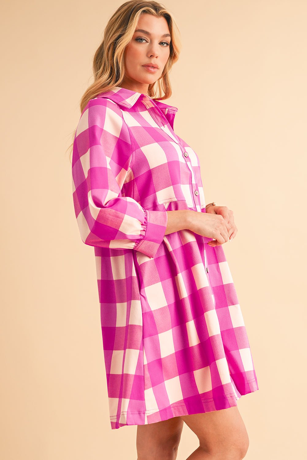 Rose Red Hidden Pocket Plaid Button Down Shirt Dress - MAD RUFFI