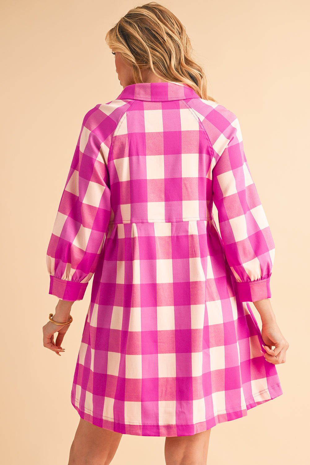 Rose Red Hidden Pocket Plaid Button Down Shirt Dress - MAD RUFFI