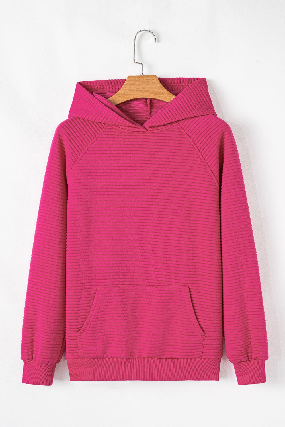 Rose Red Kangaroo Pocket Plain Textured Hoodie - MAD RUFFI