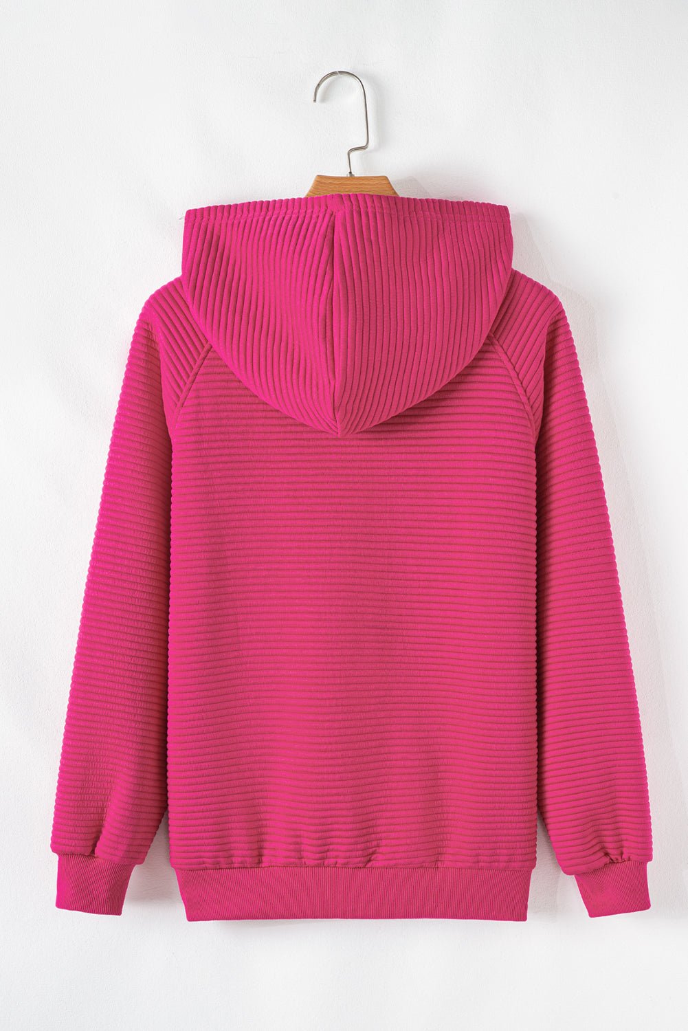 Rose Red Kangaroo Pocket Plain Textured Hoodie - MAD RUFFI