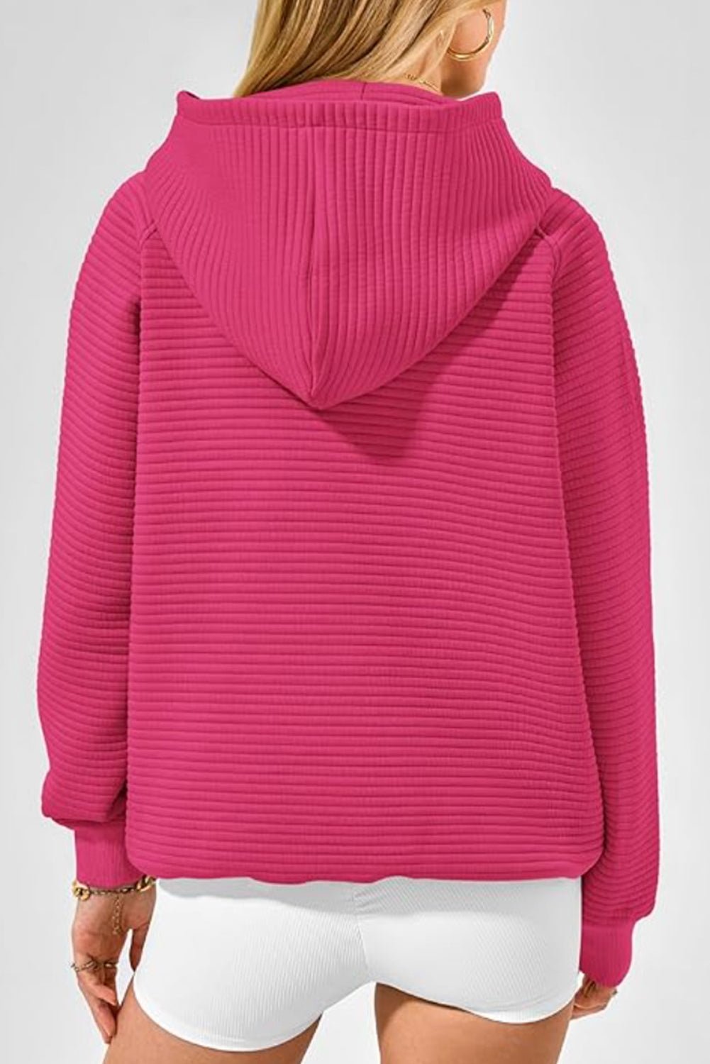 Rose Red Kangaroo Pocket Plain Textured Hoodie - MAD RUFFI