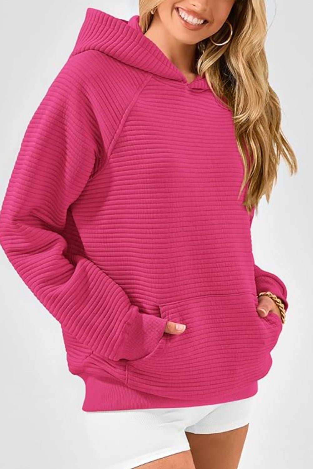 Rose Red Kangaroo Pocket Plain Textured Hoodie - MAD RUFFI