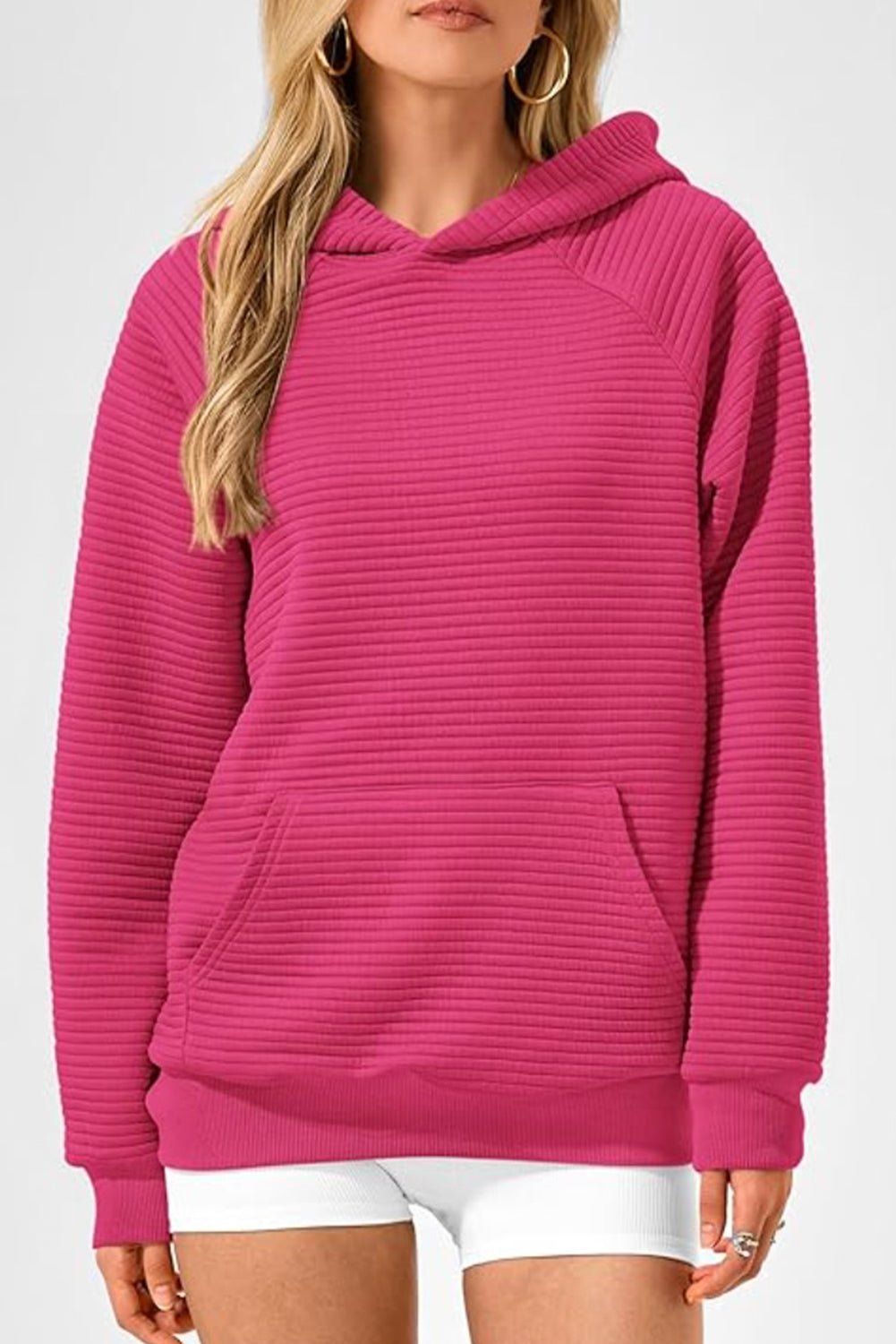 Rose Red Kangaroo Pocket Plain Textured Hoodie - MAD RUFFI
