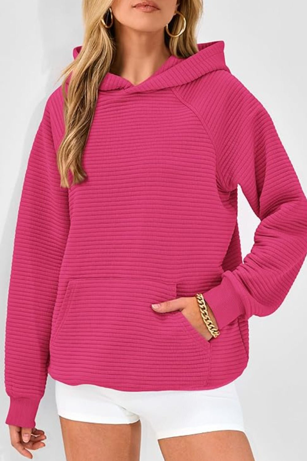 Rose Red Kangaroo Pocket Plain Textured Hoodie - MAD RUFFI