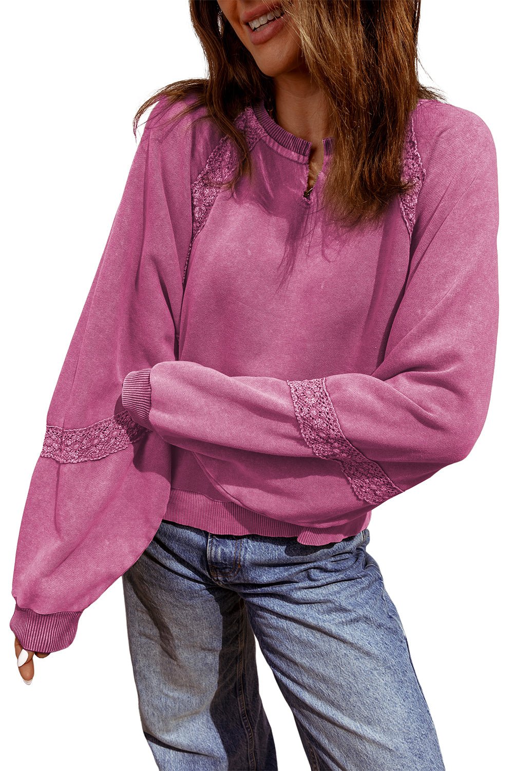 Rose Red Lace Applique Notched Neck Mineral Wash Baggy Sweatshirt - MAD RUFFI