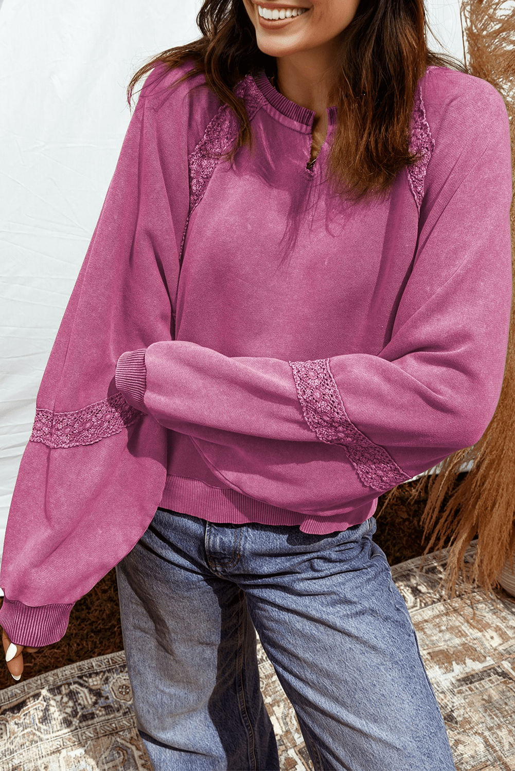 Rose Red Lace Applique Notched Neck Mineral Wash Baggy Sweatshirt - MAD RUFFI