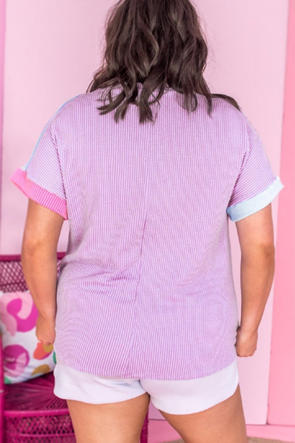 Rose Red Leopard Colorblock Patchwork Corded Plus Size T Shirt - MAD RUFFI