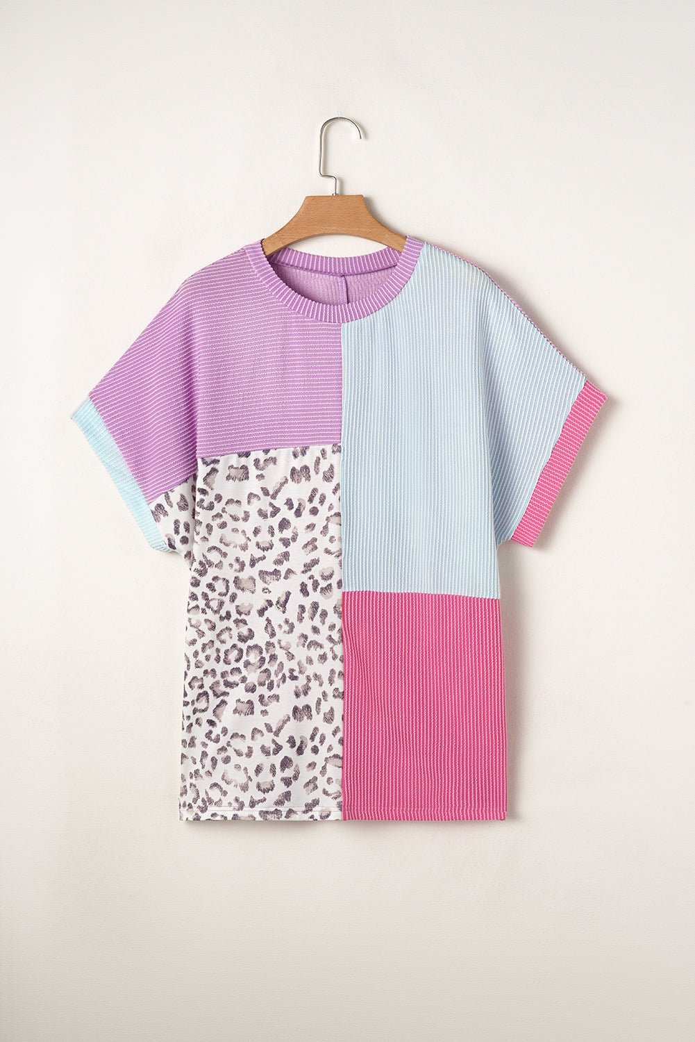 Rose Red Leopard Colorblock Patchwork Corded Plus Size T Shirt - MAD RUFFI