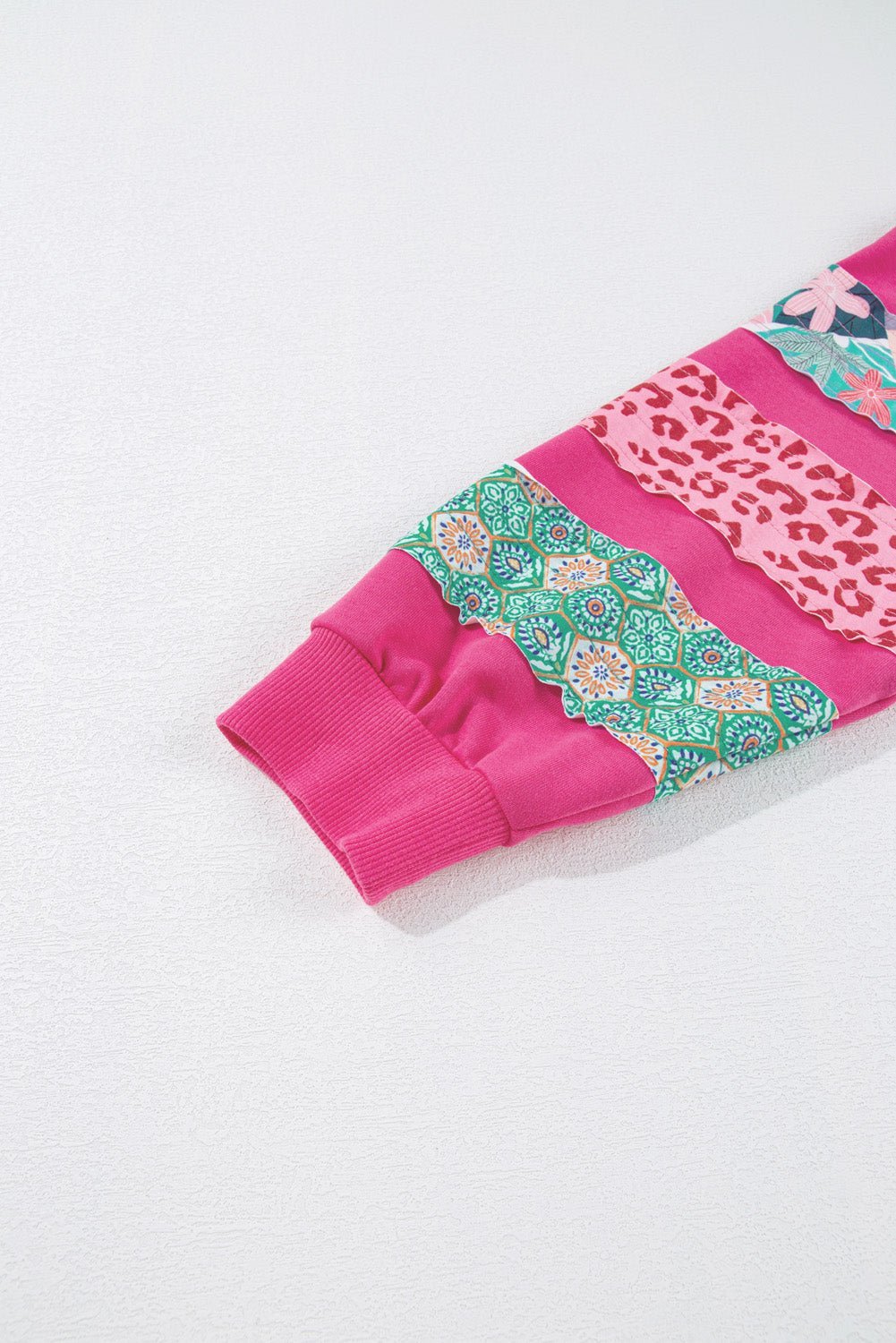 Rose Red Leopard Patchwork Sleeve Split Plus Sweatshirt - MAD RUFFI