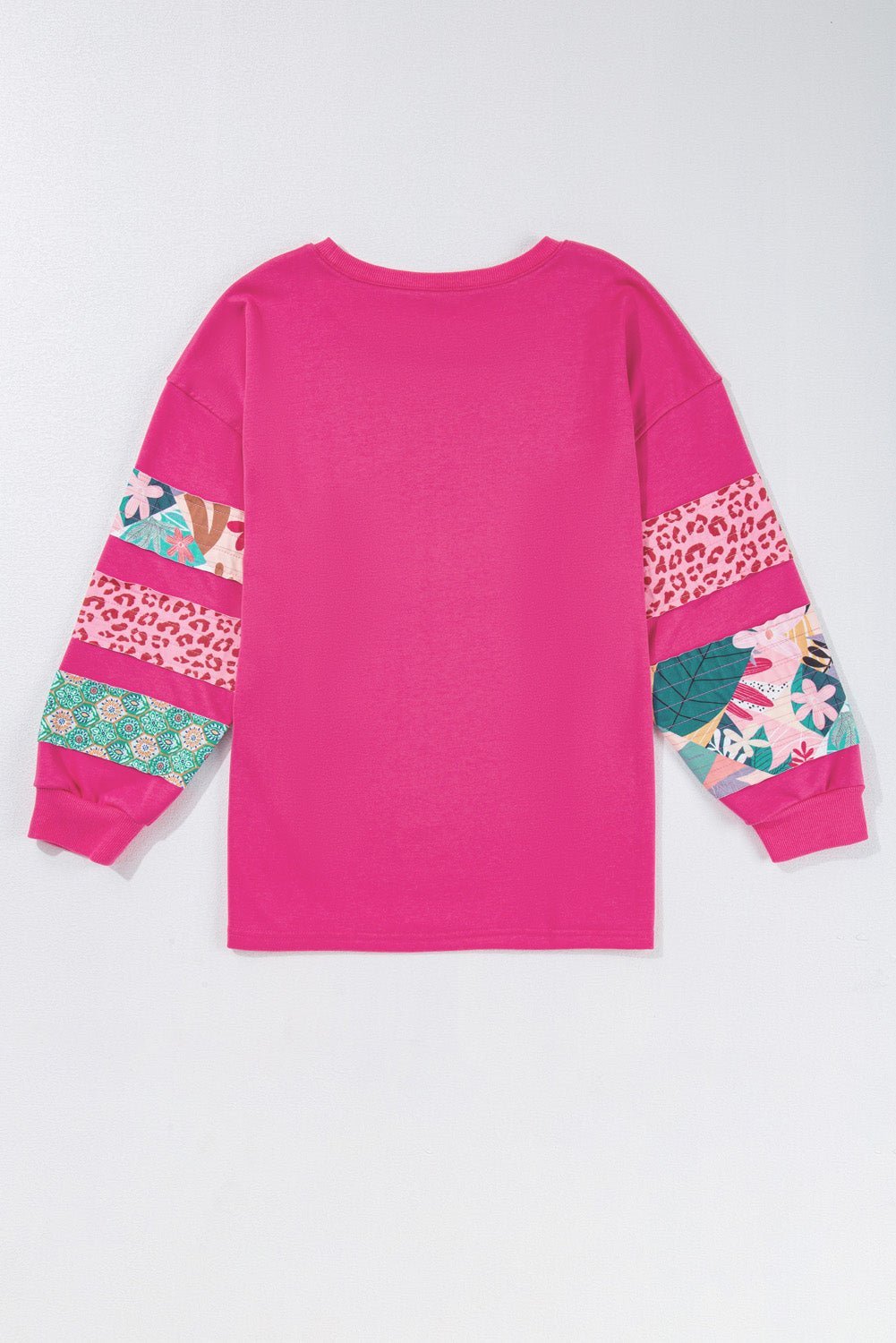 Rose Red Leopard Patchwork Sleeve Split Plus Sweatshirt - MAD RUFFI