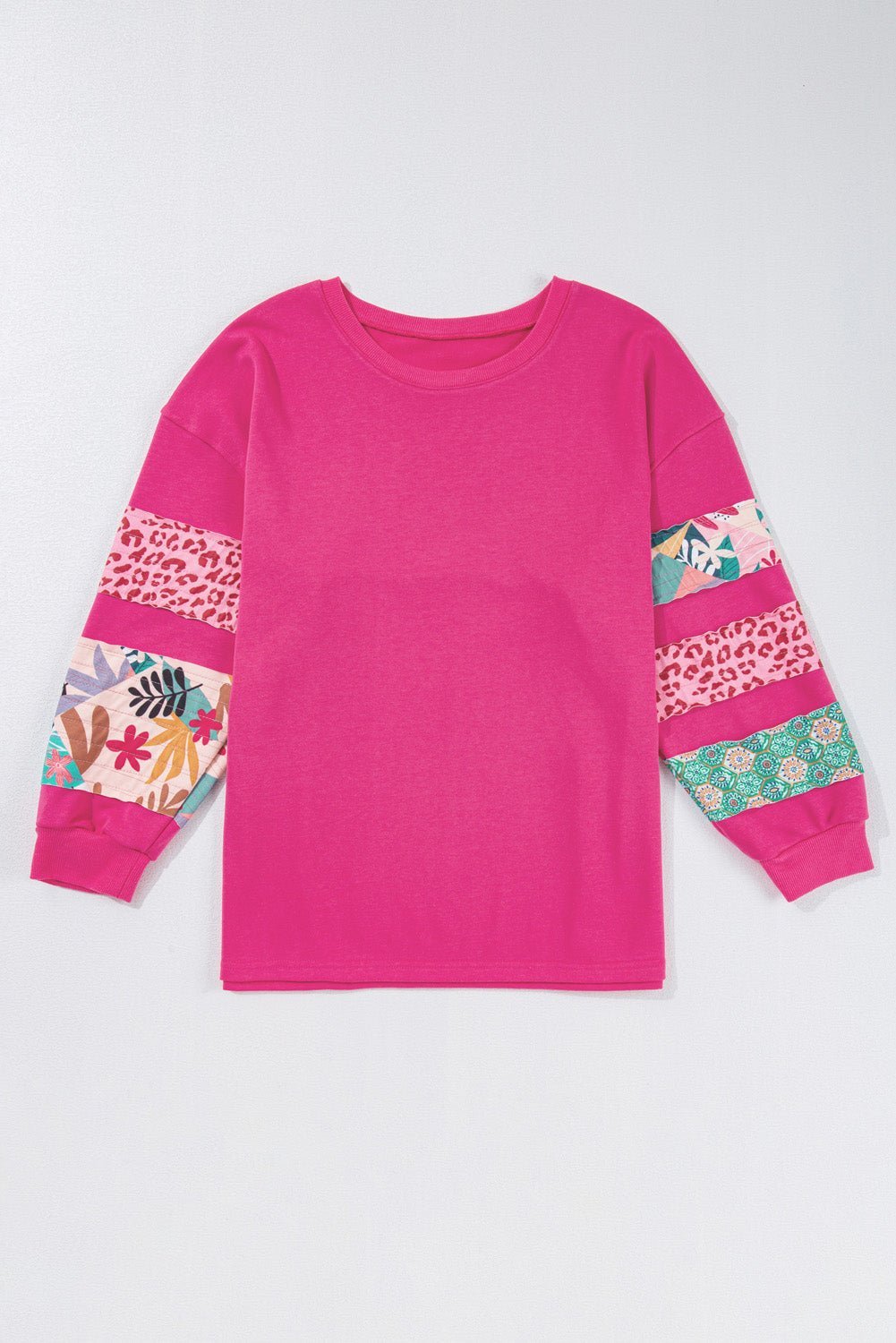 Rose Red Leopard Patchwork Sleeve Split Plus Sweatshirt - MAD RUFFI
