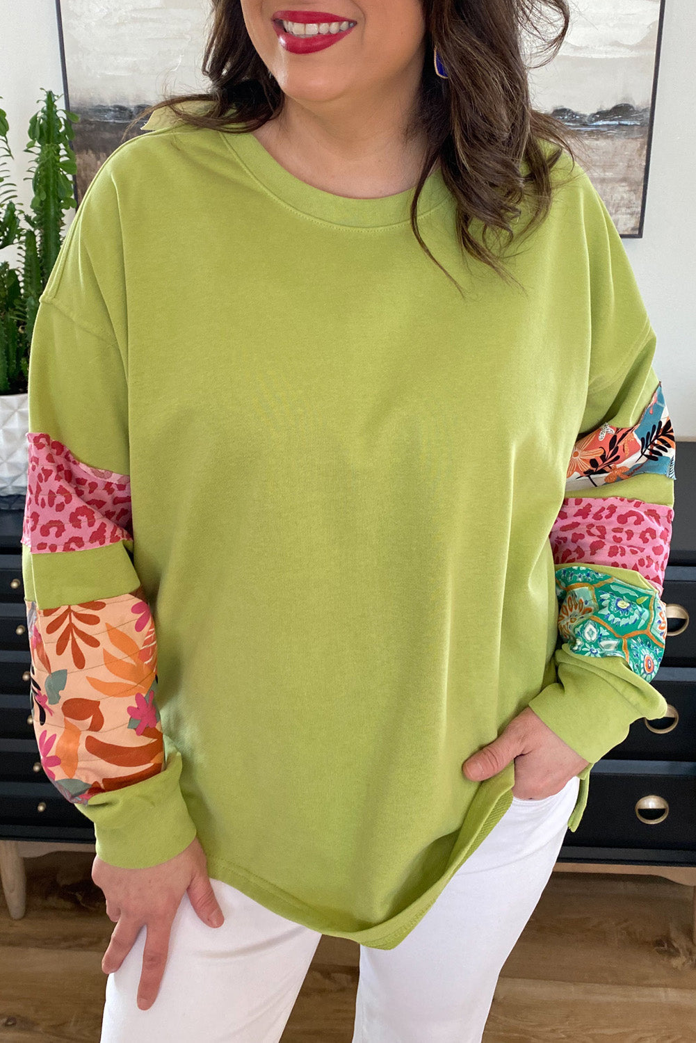 Rose Red Leopard Patchwork Sleeve Split Plus Sweatshirt - Green / 1X - Plus Size Tops