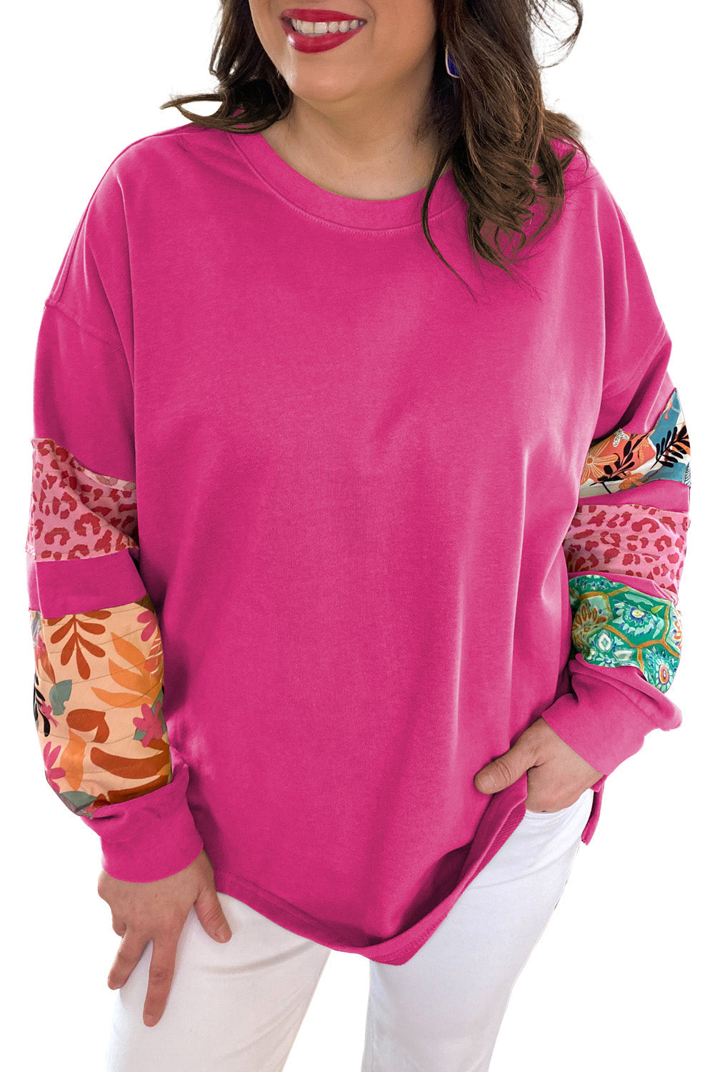 Rose Red Leopard Patchwork Sleeve Split Plus Sweatshirt - Plus Size Tops