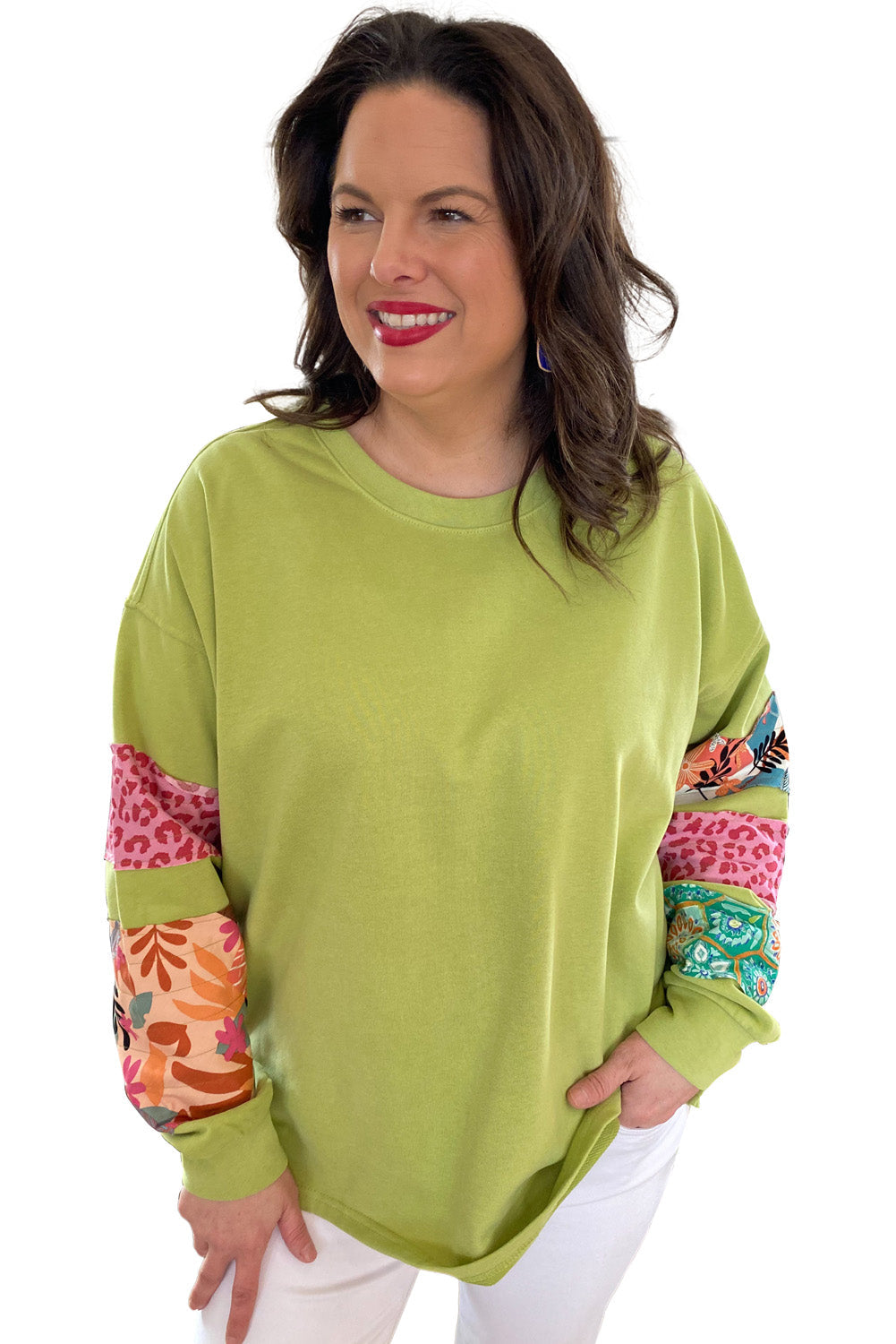 Rose Red Leopard Patchwork Sleeve Split Plus Sweatshirt - Plus Size Tops