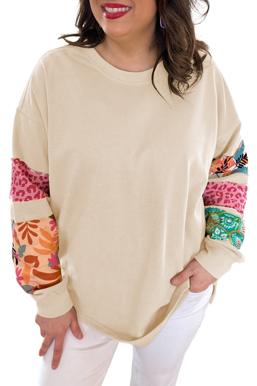 Rose Red Leopard Patchwork Sleeve Split Plus Sweatshirt - Plus Size Tops