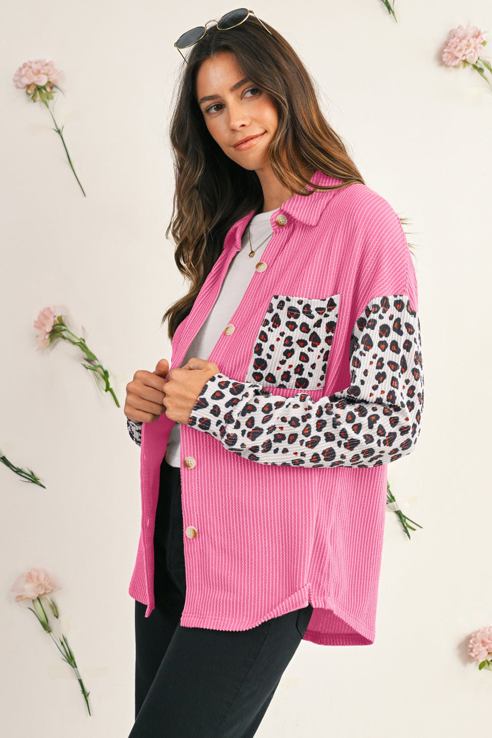 Rose Red Leopard Patchwork Twisted Ribbed Casual Shacket - MAD RUFFI