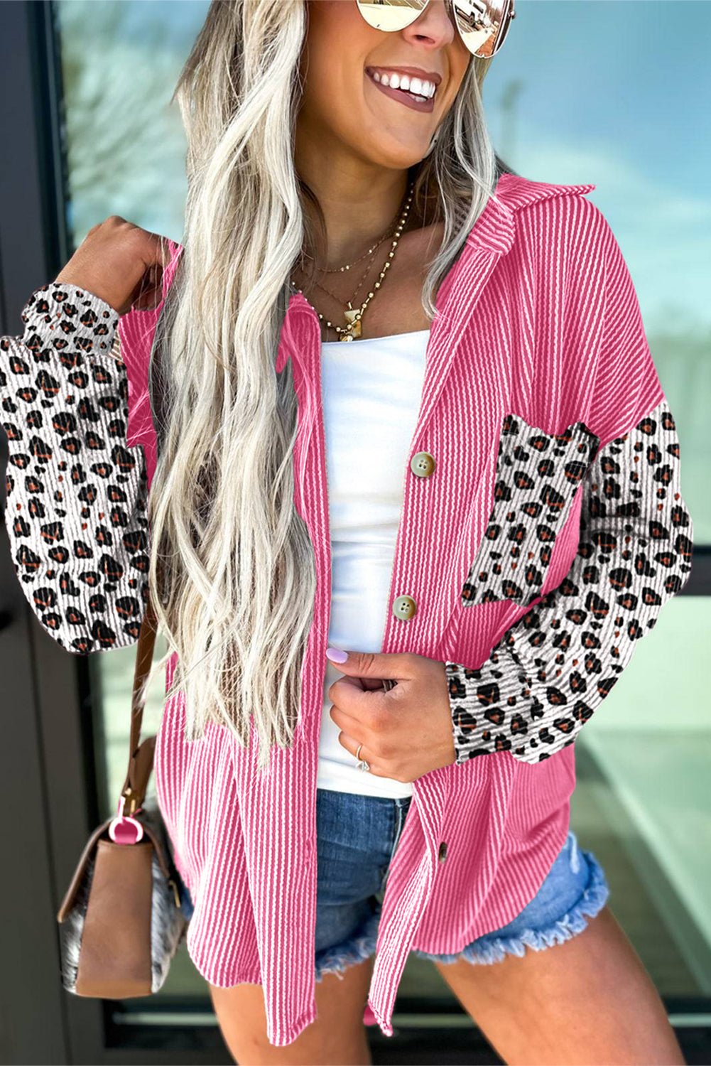 Rose Red Leopard Patchwork Twisted Ribbed Casual Shacket - MAD RUFFI