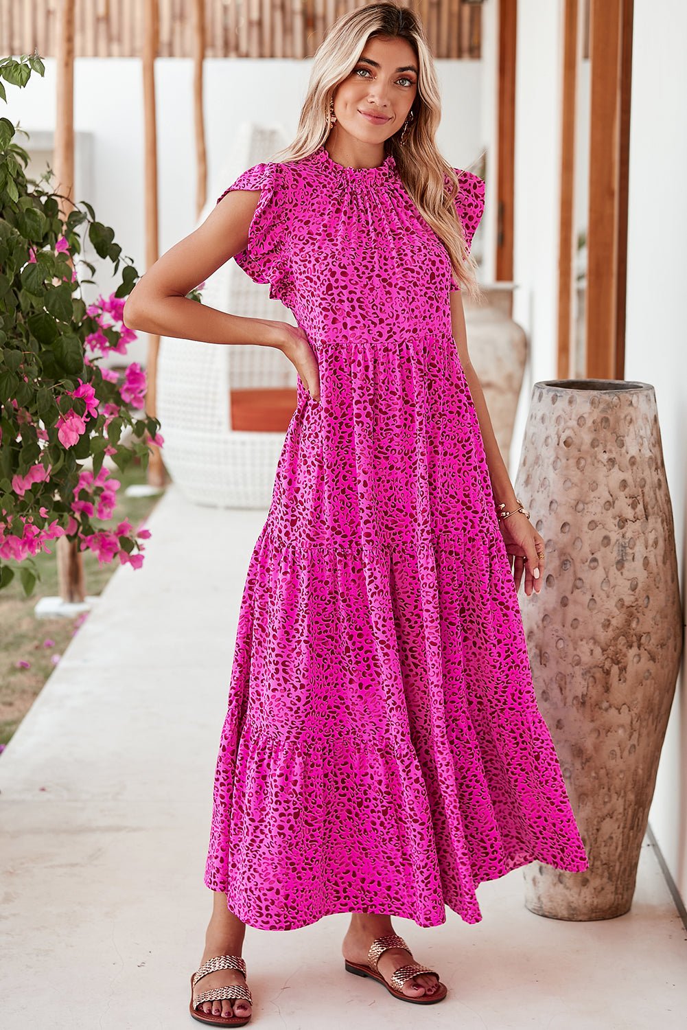 Rose Red Leopard Print Ruffle Sleeveless Maxi Dress - MAD RUFFI