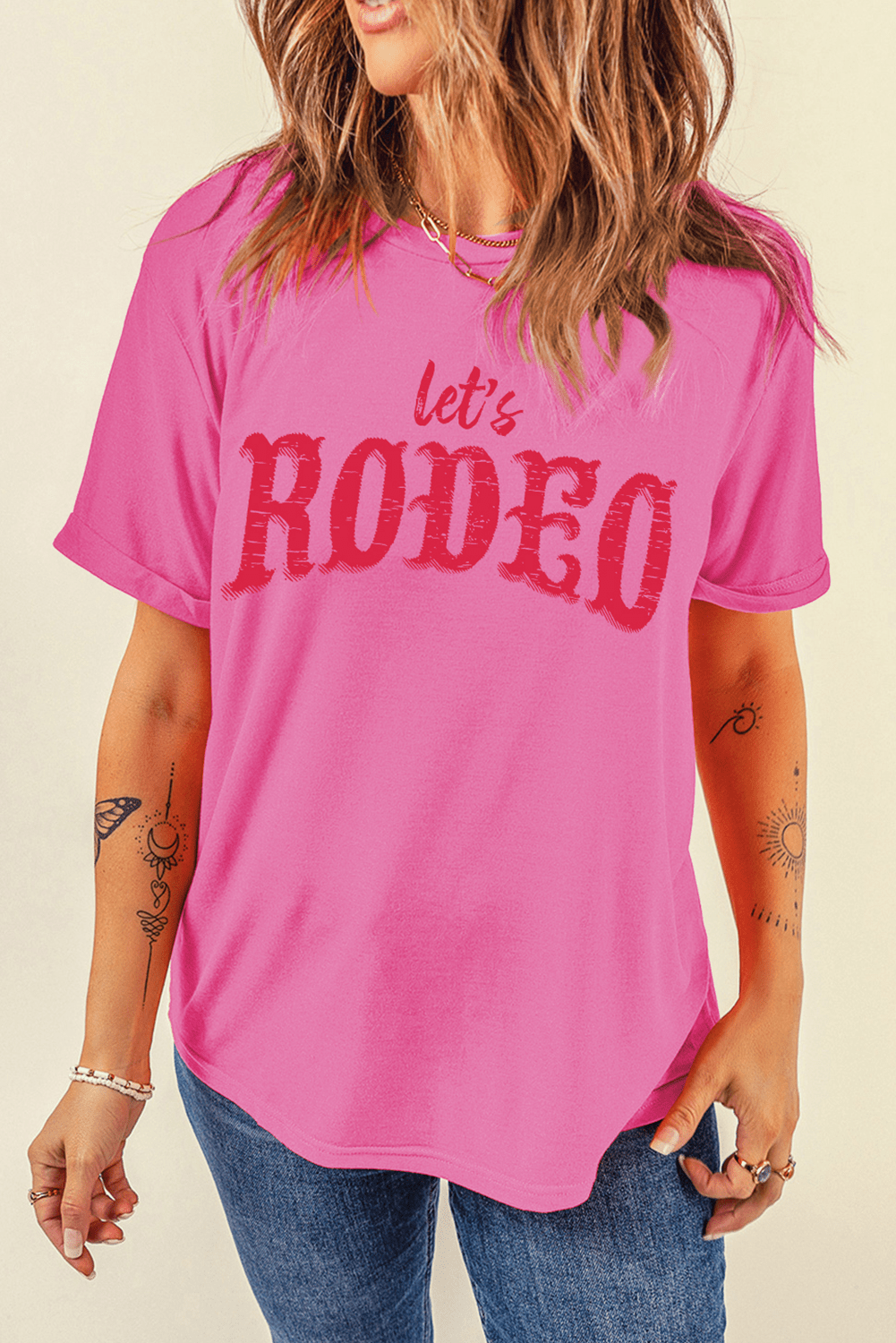Rose Red Lets Rodeo Crew Neck Graphic Tee - MAD RUFFI