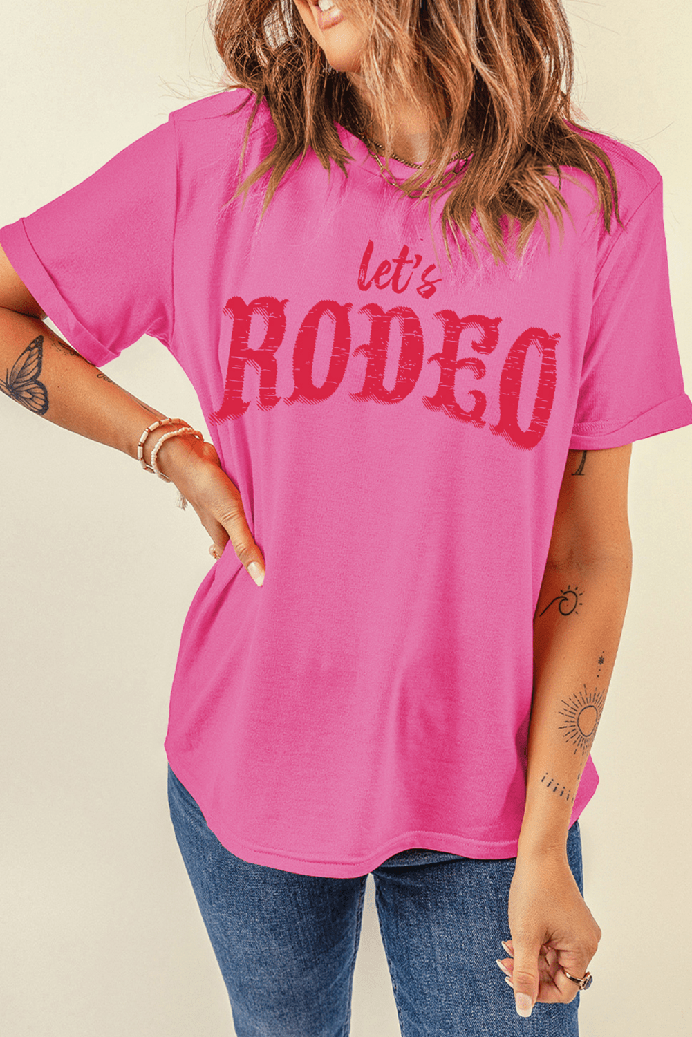 Rose Red Lets Rodeo Crew Neck Graphic Tee - MAD RUFFI