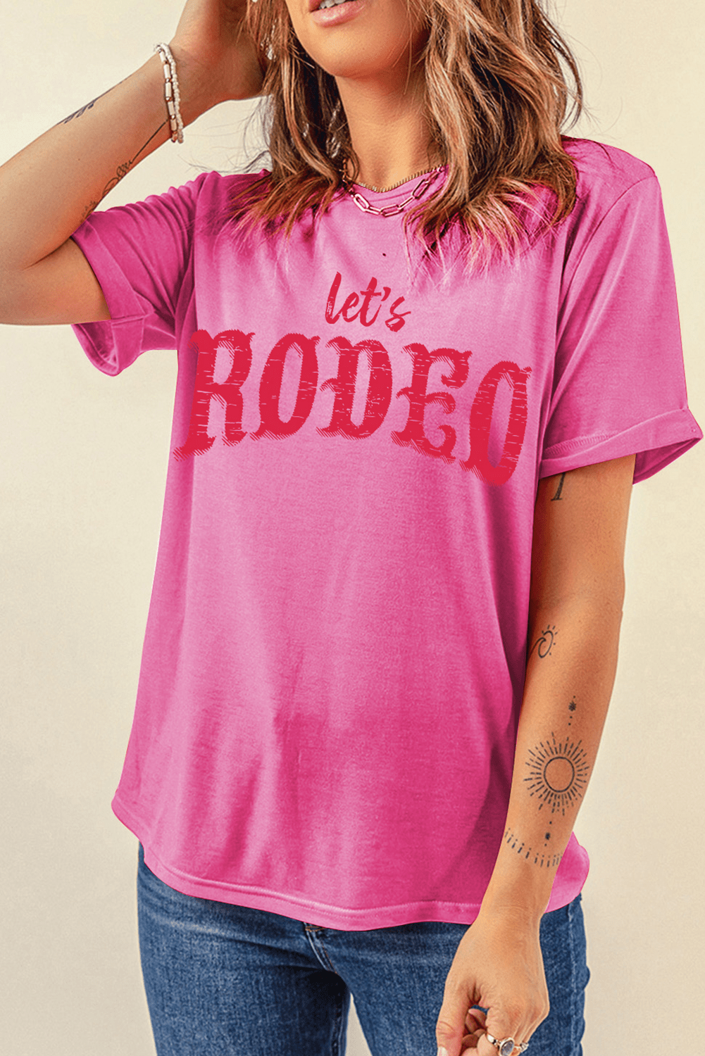 Rose Red Lets Rodeo Crew Neck Graphic Tee - MAD RUFFI