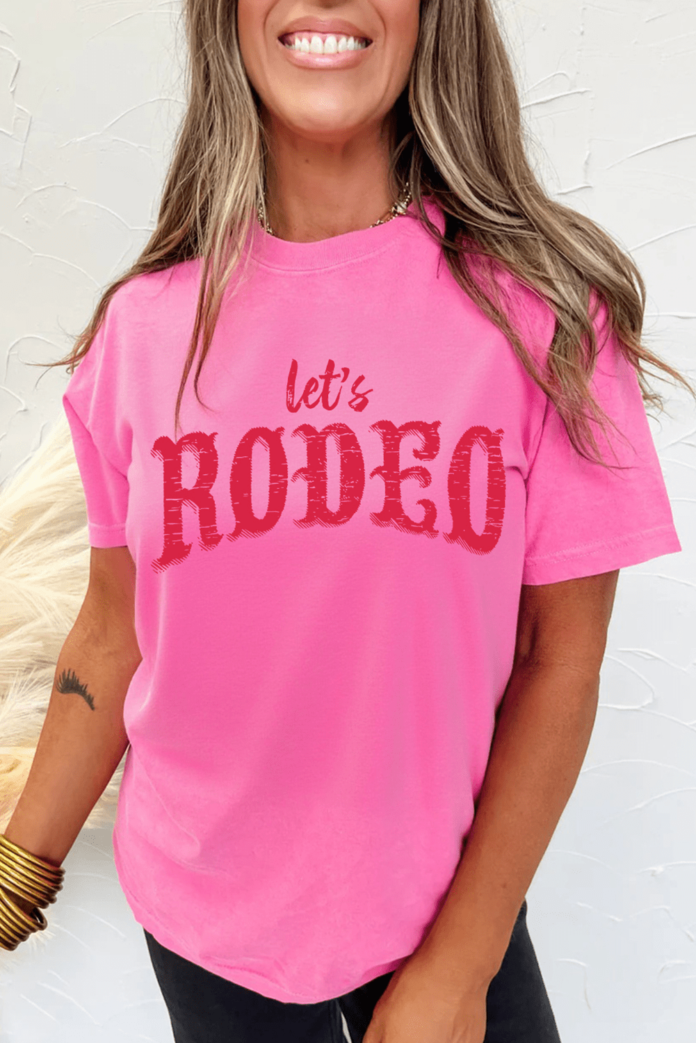 Rose Red Lets Rodeo Crew Neck Graphic Tee - MAD RUFFI
