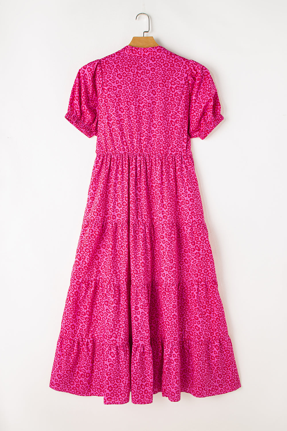 Rose Red Mock Neck Puff Sleeve Floral Tiered Maxi Dress - MAD RUFFI