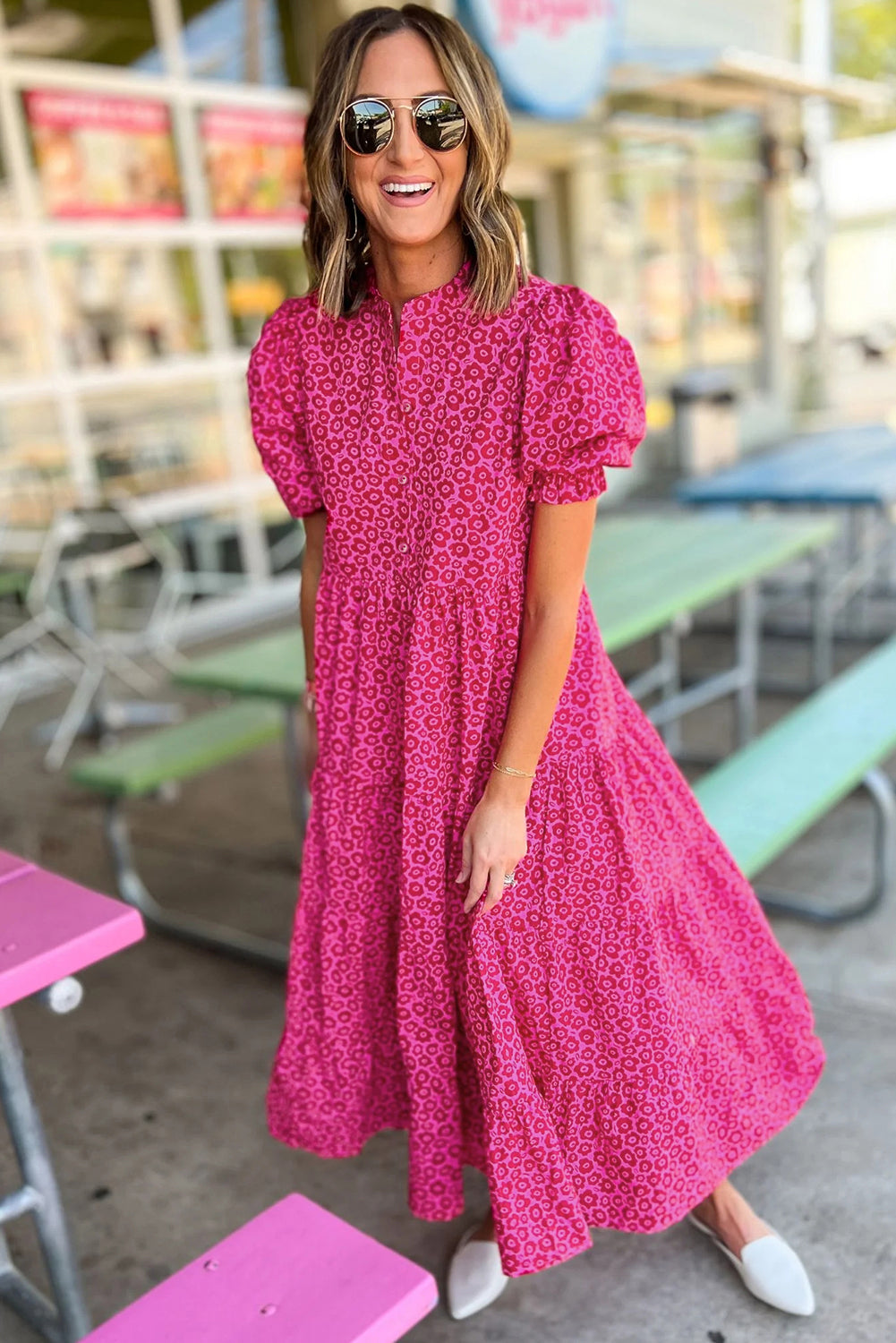 Rose Red Mock Neck Puff Sleeve Floral Tiered Maxi Dress - MAD RUFFI