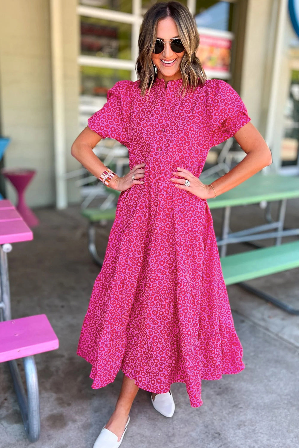 Rose Red Mock Neck Puff Sleeve Floral Tiered Maxi Dress - MAD RUFFI