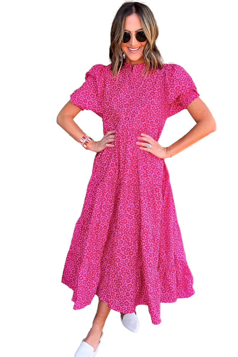 Rose Red Mock Neck Puff Sleeve Floral Tiered Maxi Dress - MAD RUFFI