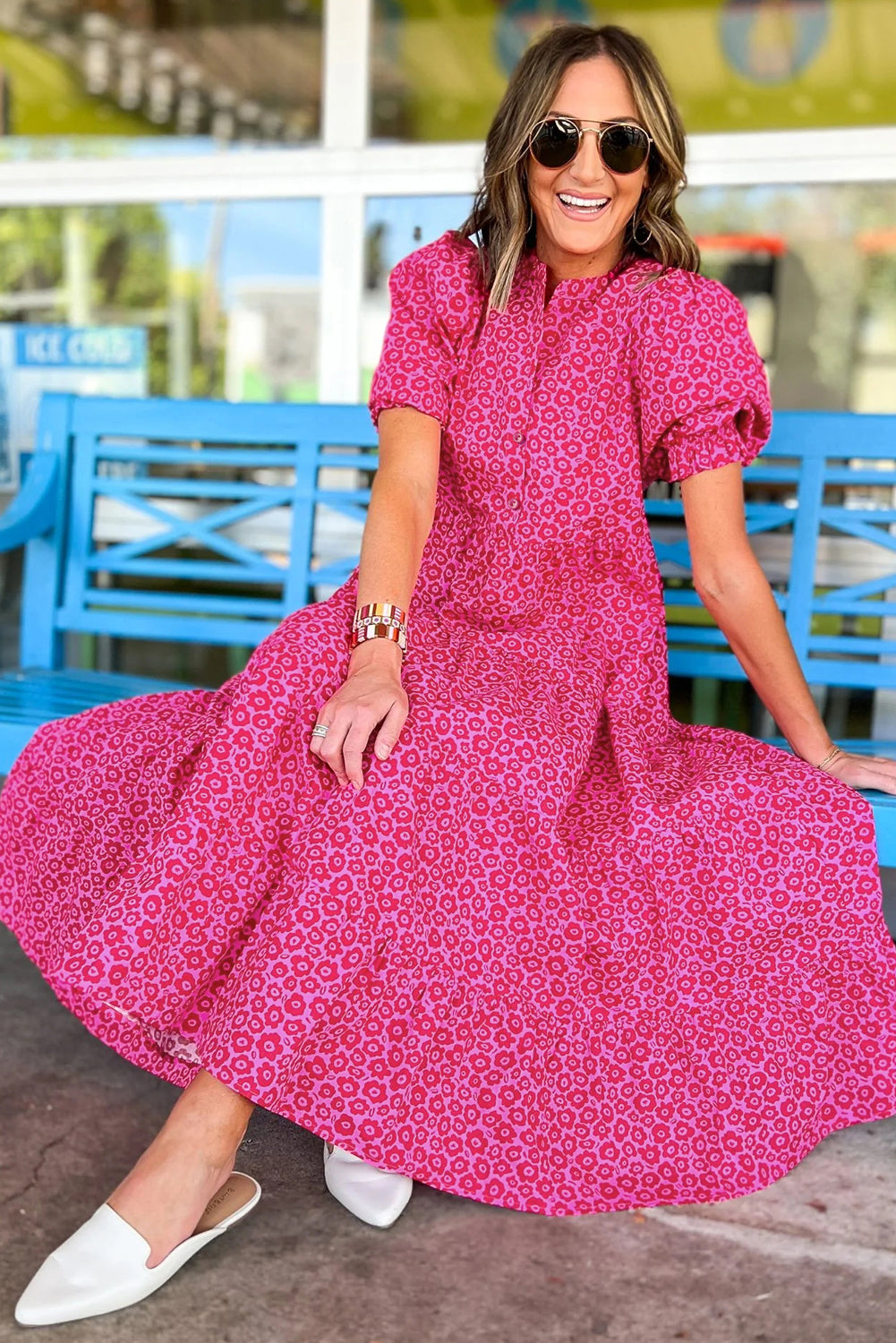 Rose Red Mock Neck Puff Sleeve Floral Tiered Maxi Dress - MAD RUFFI