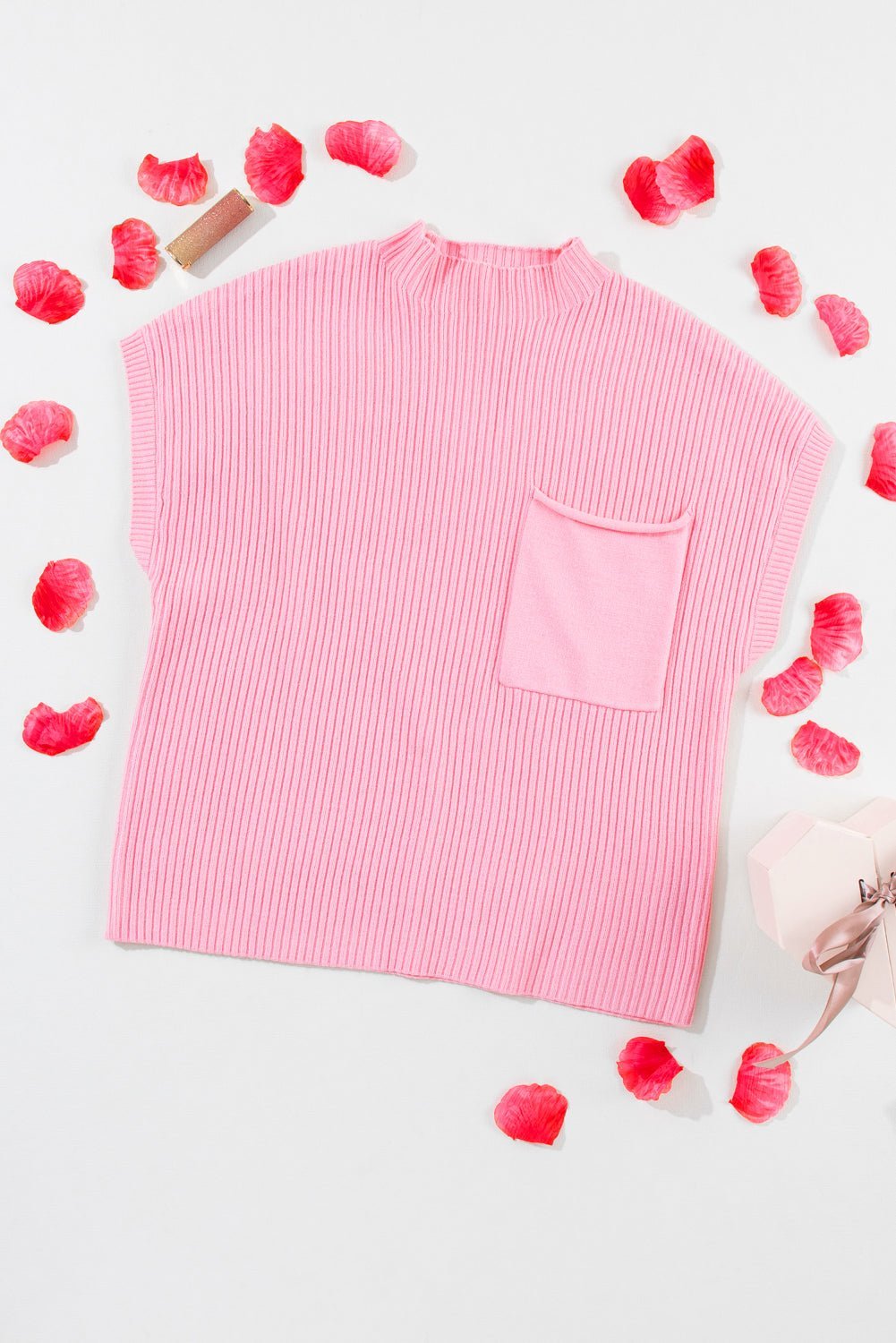 Rose Red Patch Pocket Ribbed Knit Short Sleeve Sweater - MAD RUFFI