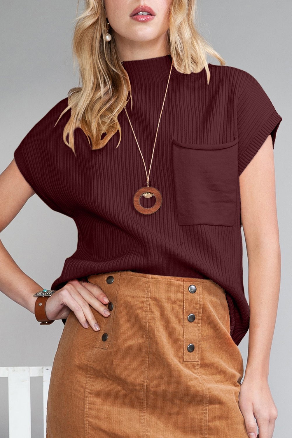 Rose Red Patch Pocket Ribbed Knit Short Sleeve Sweater - MAD RUFFI