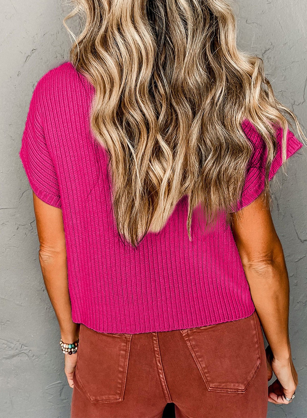 Rose Red Patch Pocket Ribbed Knit Short Sleeve Sweater - MAD RUFFI