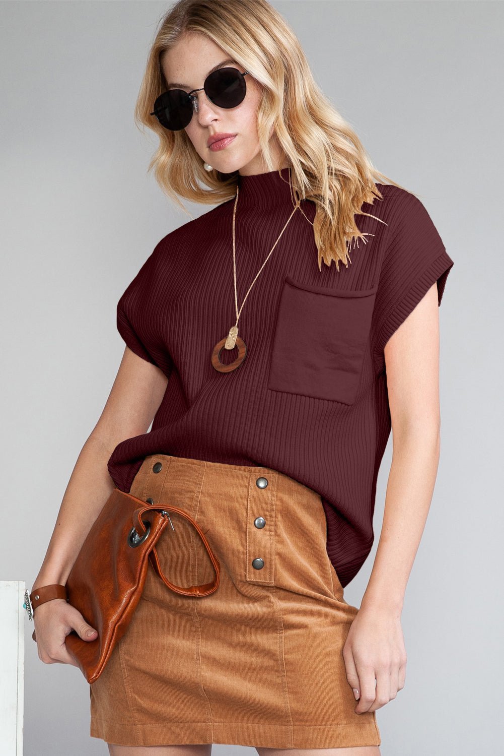 Rose Red Patch Pocket Ribbed Knit Short Sleeve Sweater - MAD RUFFI