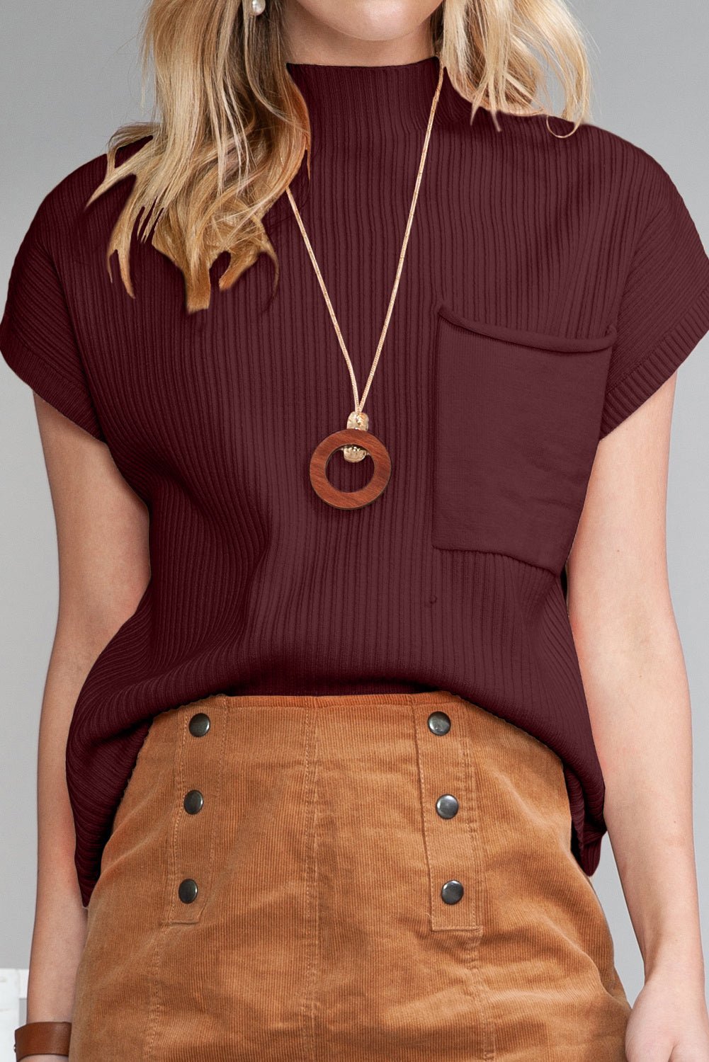 Rose Red Patch Pocket Ribbed Knit Short Sleeve Sweater - MAD RUFFI