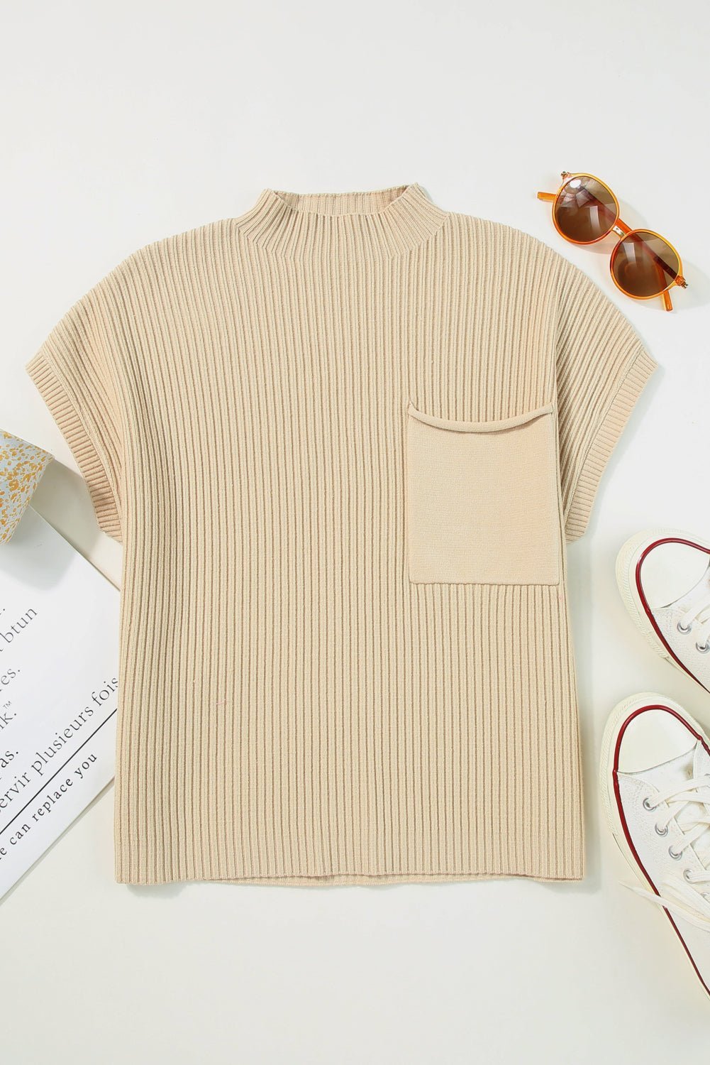 Rose Red Patch Pocket Ribbed Knit Short Sleeve Sweater - MAD RUFFI