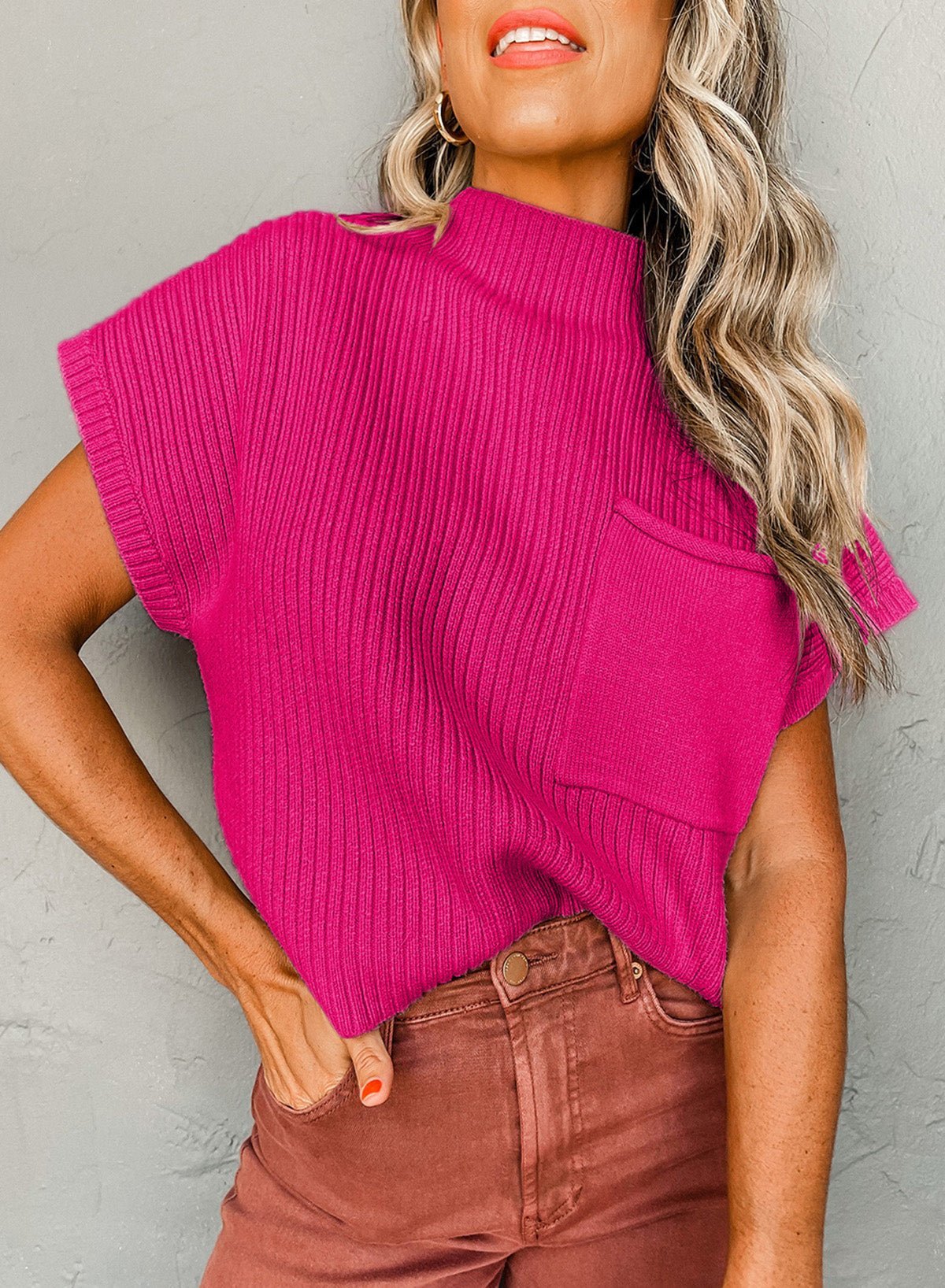 Rose Red Patch Pocket Ribbed Knit Short Sleeve Sweater - MAD RUFFI