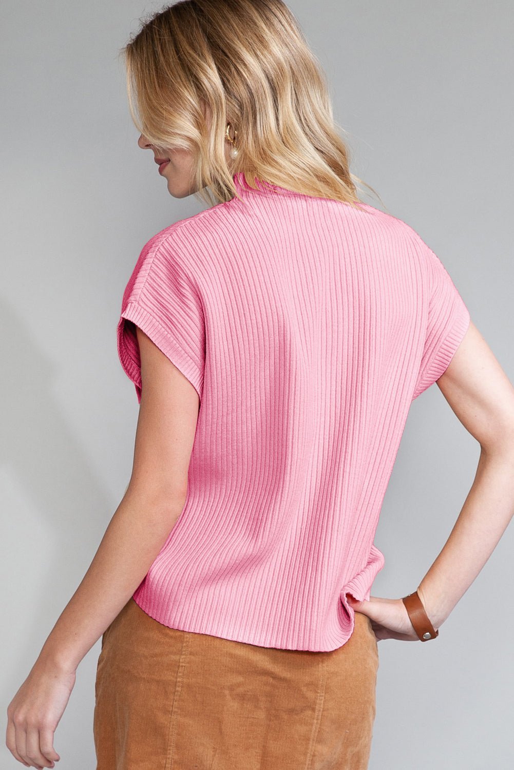 Rose Red Patch Pocket Ribbed Knit Short Sleeve Sweater - MAD RUFFI