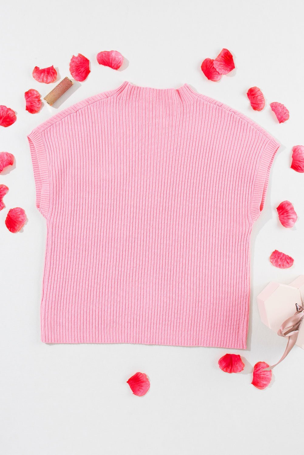 Rose Red Patch Pocket Ribbed Knit Short Sleeve Sweater - MAD RUFFI
