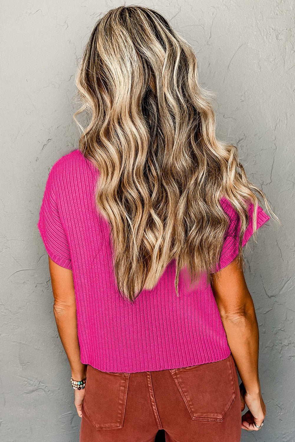 Rose Red Patch Pocket Ribbed Knit Short Sleeve Sweater - MAD RUFFI