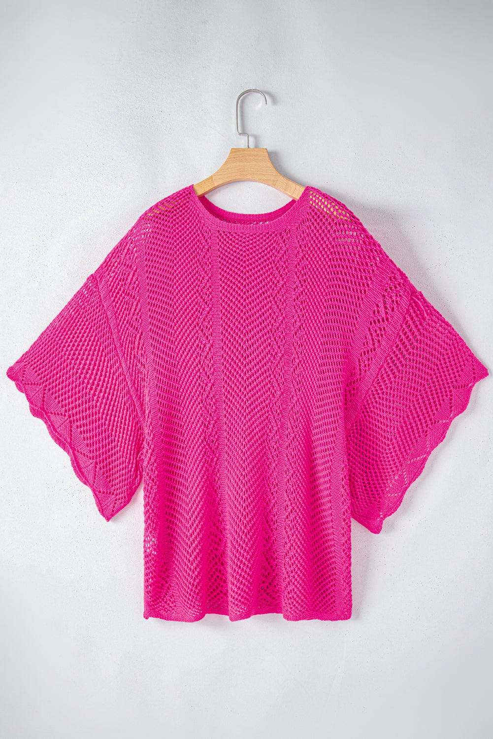 Rose Red Pointelle Knit Scallop Edge Short Sleeve Knit Top - MAD RUFFI