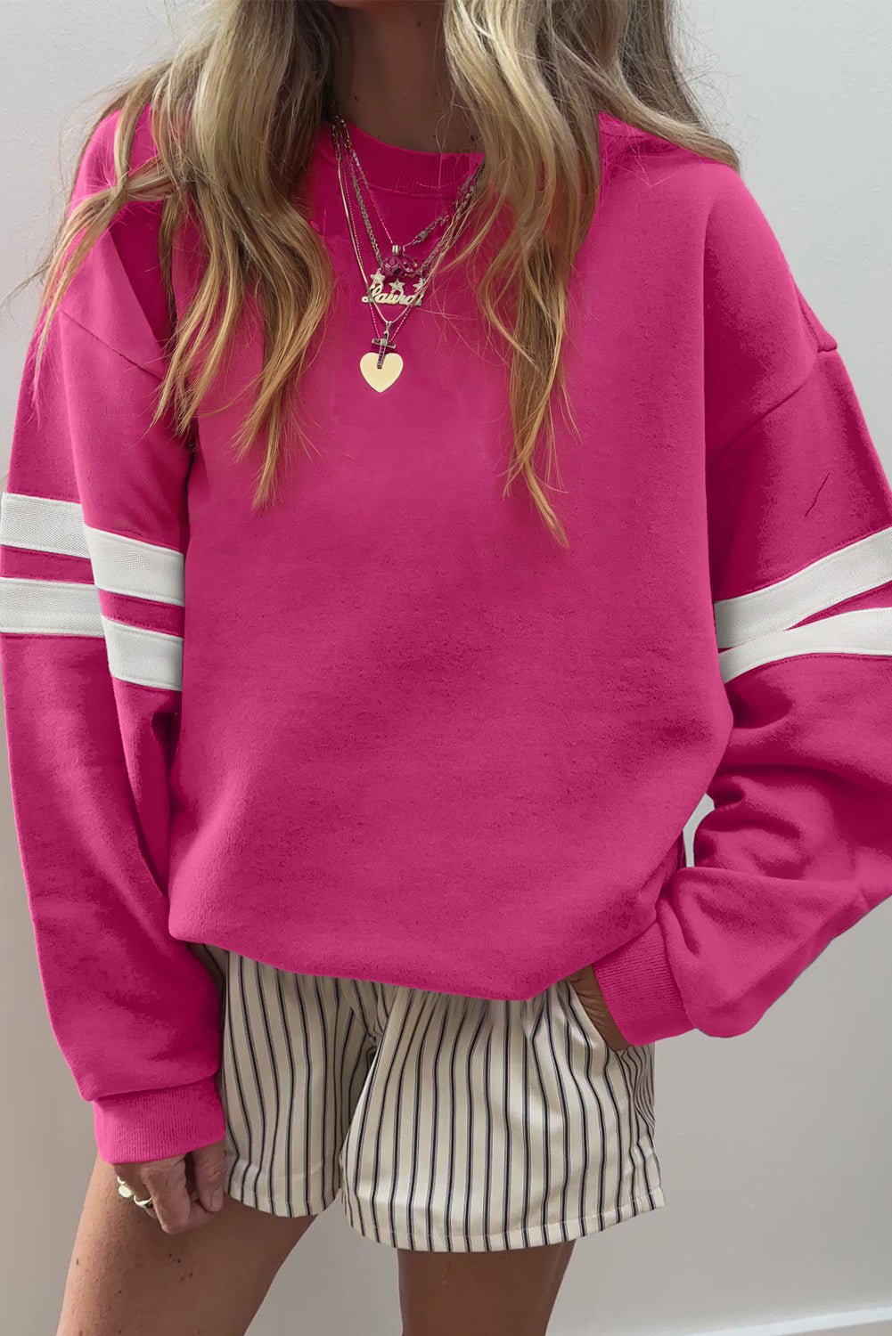 Rose Red Preppy Striped Sleeve Loose Sweatshirt - MAD RUFFI