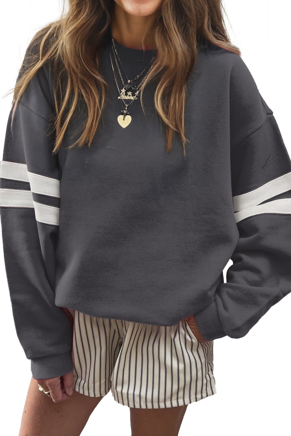 Rose Red Preppy Striped Sleeve Loose Sweatshirt - MAD RUFFI