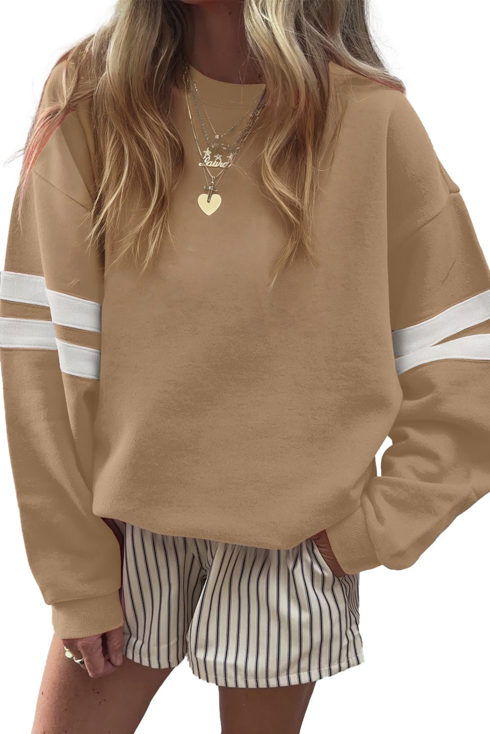 Rose Red Preppy Striped Sleeve Loose Sweatshirt - MAD RUFFI