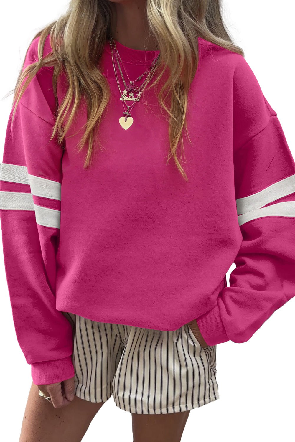 Rose Red Preppy Striped Sleeve Loose Sweatshirt - MAD RUFFI