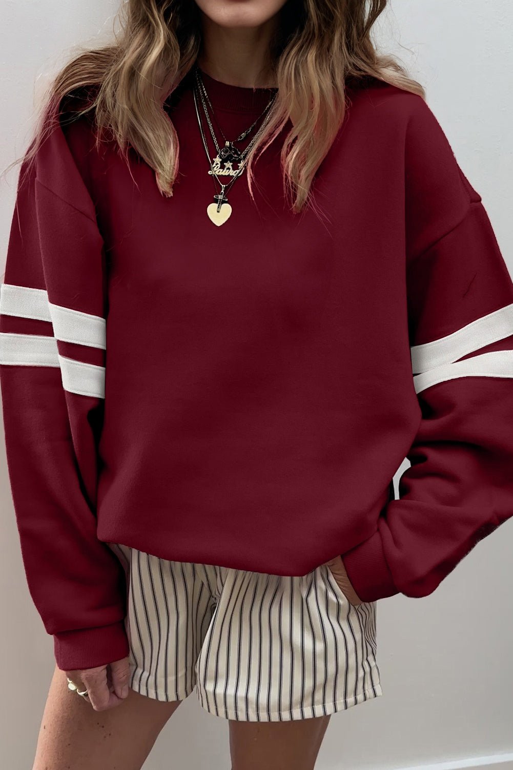 Rose Red Preppy Striped Sleeve Loose Sweatshirt - MAD RUFFI