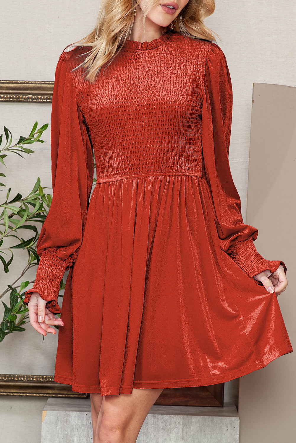 Rose Red Smocked Lantern Sleeve Frilled Velvet Dress - MAD RUFFI