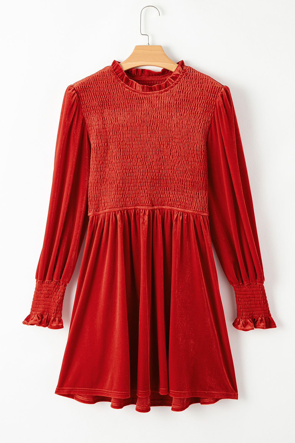 Rose Red Smocked Lantern Sleeve Frilled Velvet Dress - MAD RUFFI