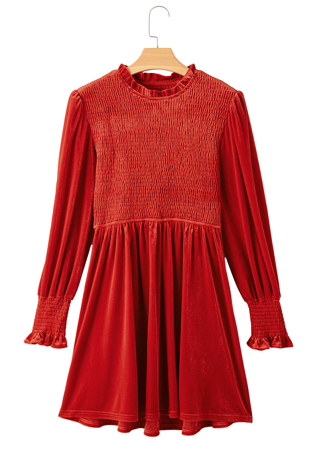 Rose Red Smocked Lantern Sleeve Frilled Velvet Dress - MAD RUFFI